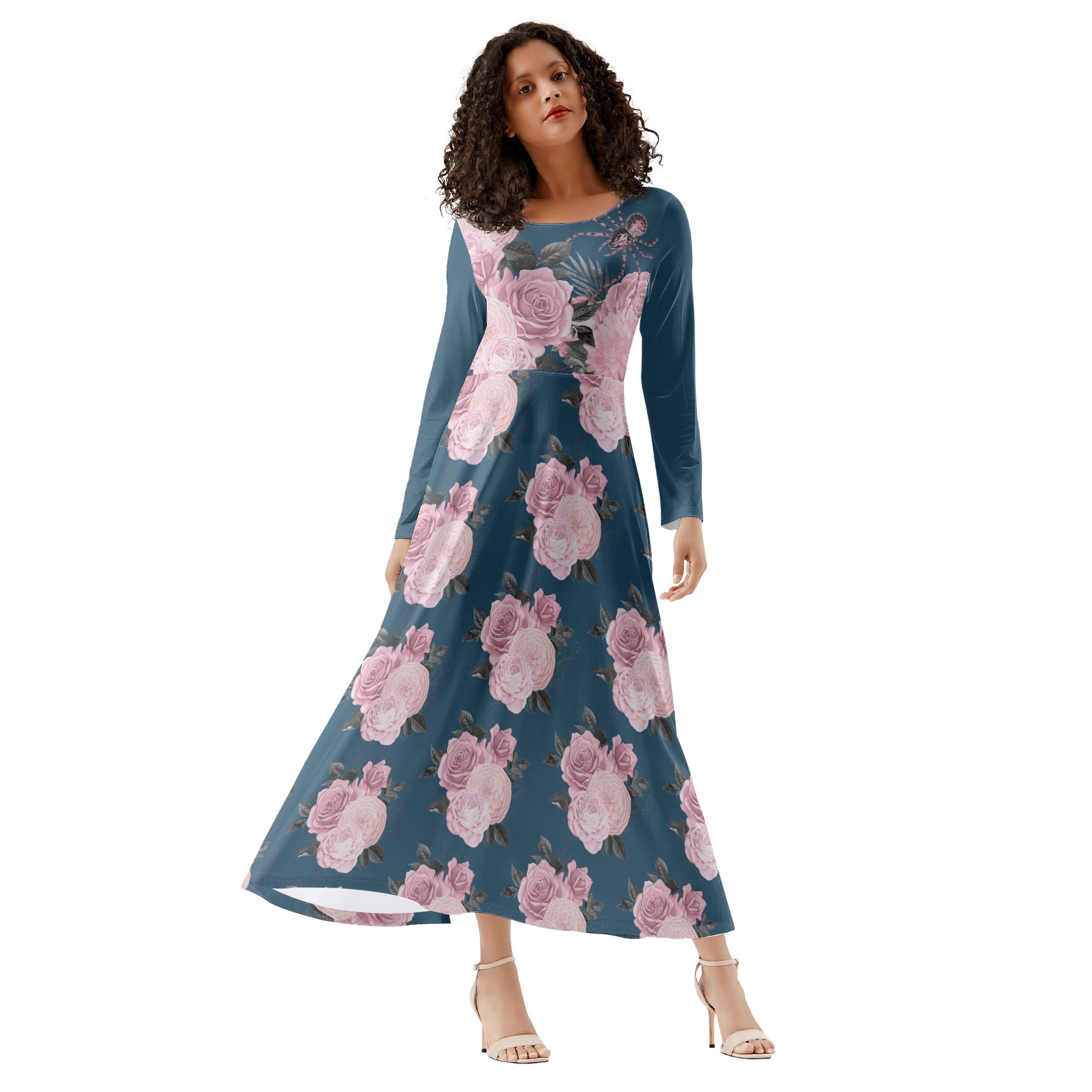 Fit and Flare Maxi Dress-Long Sleeves-Casual or Semi-Formal-Elegant Floral Party Dress-Pink Roses ElysiaBliss Fit and Flare Maxi Dress-Long Sleeves-Casual or Semi-Formal-Elegant Floral Party Dress-Pink Roses ElysiaBliss