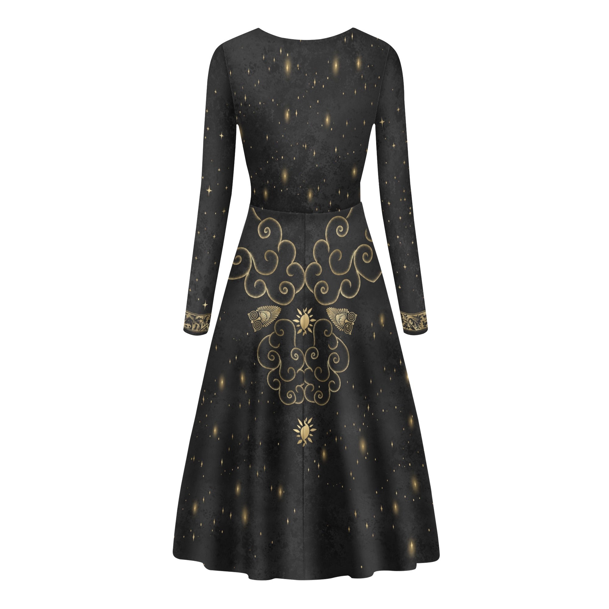 Fit and Flare Maxi Dress | Long Sleeves | Casual or Semi-Formal| Elegant Prom or Wedding Guest Dress | Celestial Gold & Black