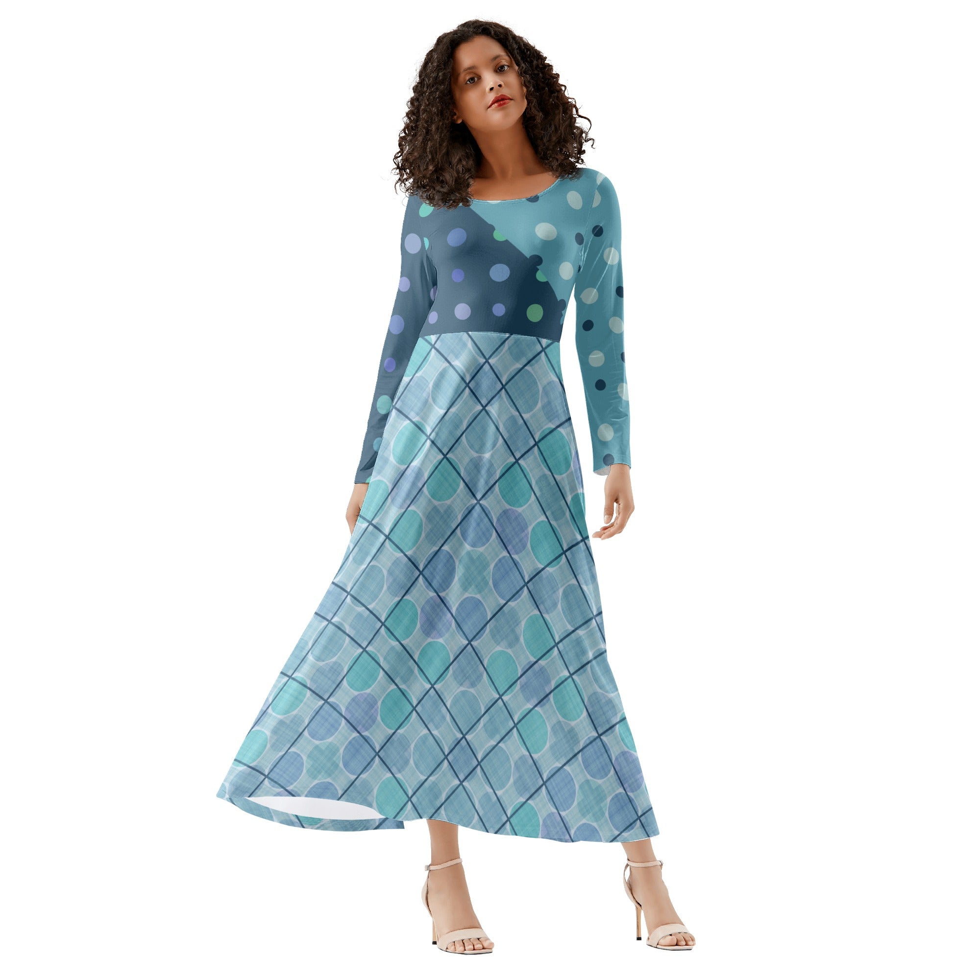 Fit and Flare Maxi Dress-Long Sleeves-Casual or Semi-Formal-Elegant Blue  Dots & Checks Office or Work Dress – ElysiaBliss