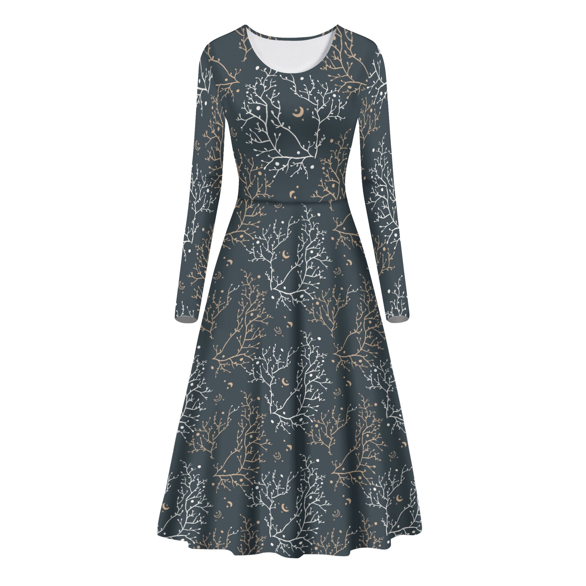 Fit and Flare Maxi Dress-Long Sleeves-Casual or Semi-Formal-Elegant Cottagecore Dress