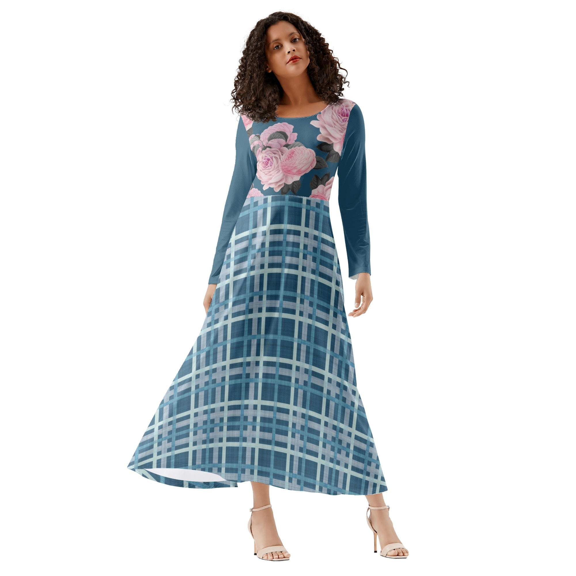 Fit and Flare Maxi Dress-Long Sleeves-Casual or Semi-Formal-Elegant Office  or Work Dress-Pink Roses & Blue Checks – ElysiaBliss