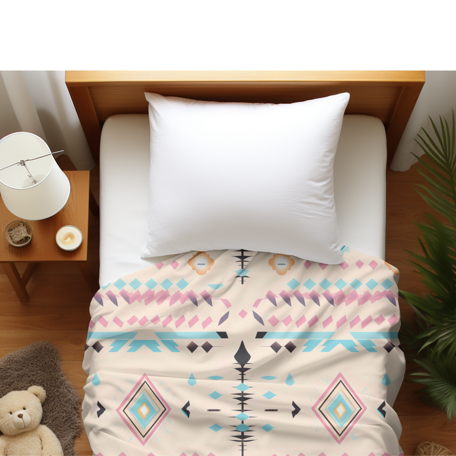 Duvet cover with matching Pillow cases | Luxury Bedding set | Twin, Queen, King Sizes | Boho Geometric Cyan Pink