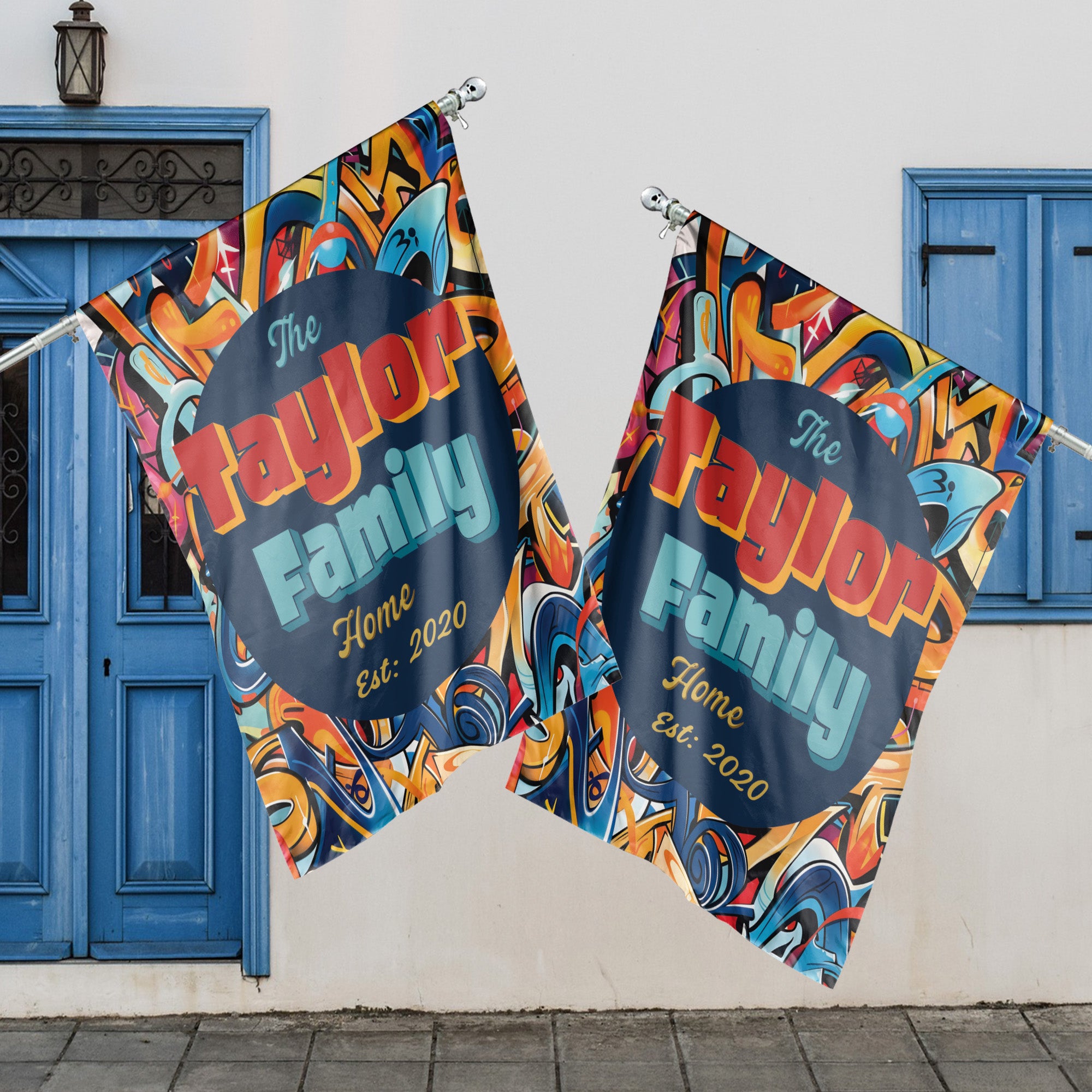 Custom GARDEN FLAGS | Welcome House Flag | Personalized Name | Double-Sided, UV Resistant Polyester | Abstract Graffiti