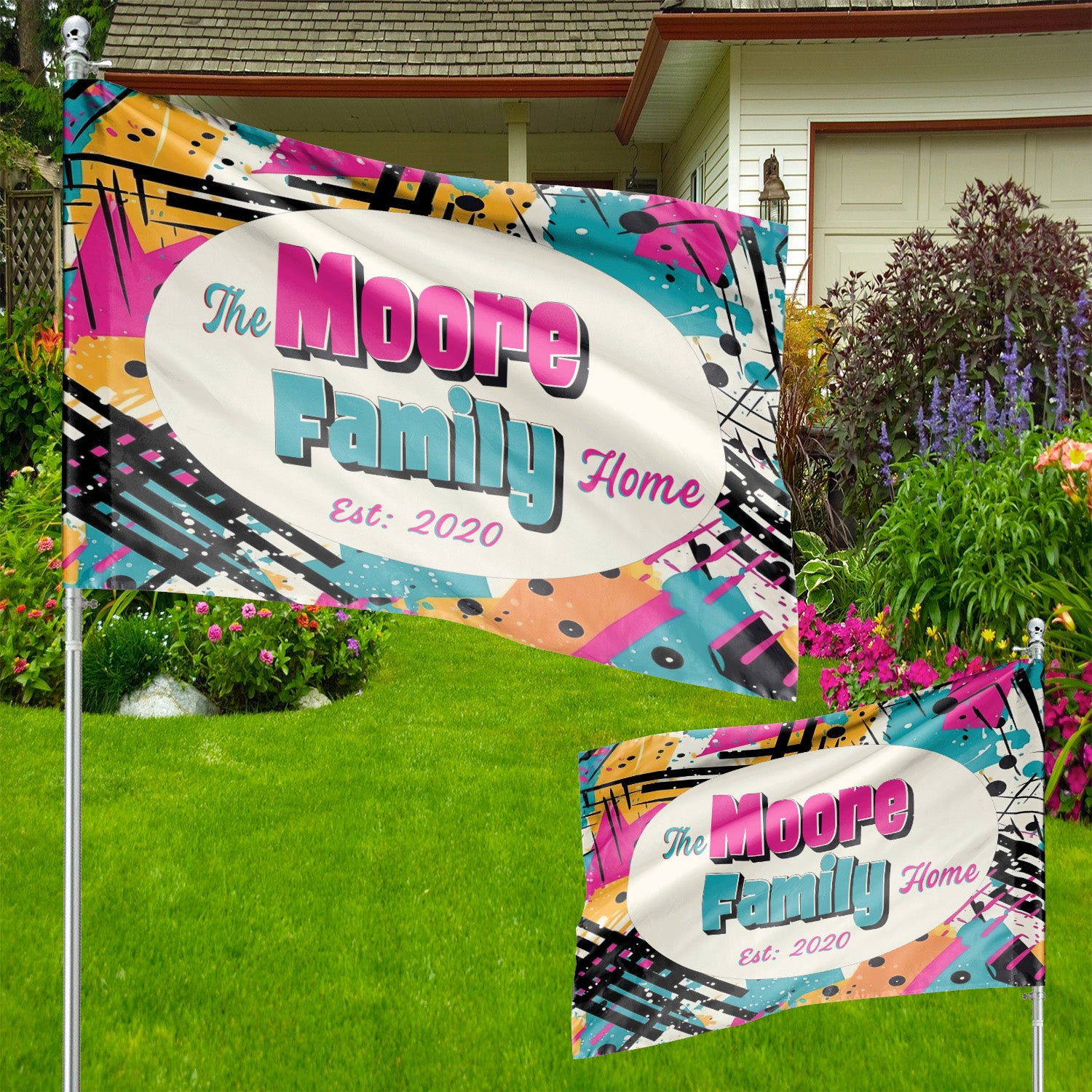 Custom GARDEN FLAGS | Welcome House Flag | Personalized Name | Double-Sided, UV Resistant Polyester | Abstract Splatter