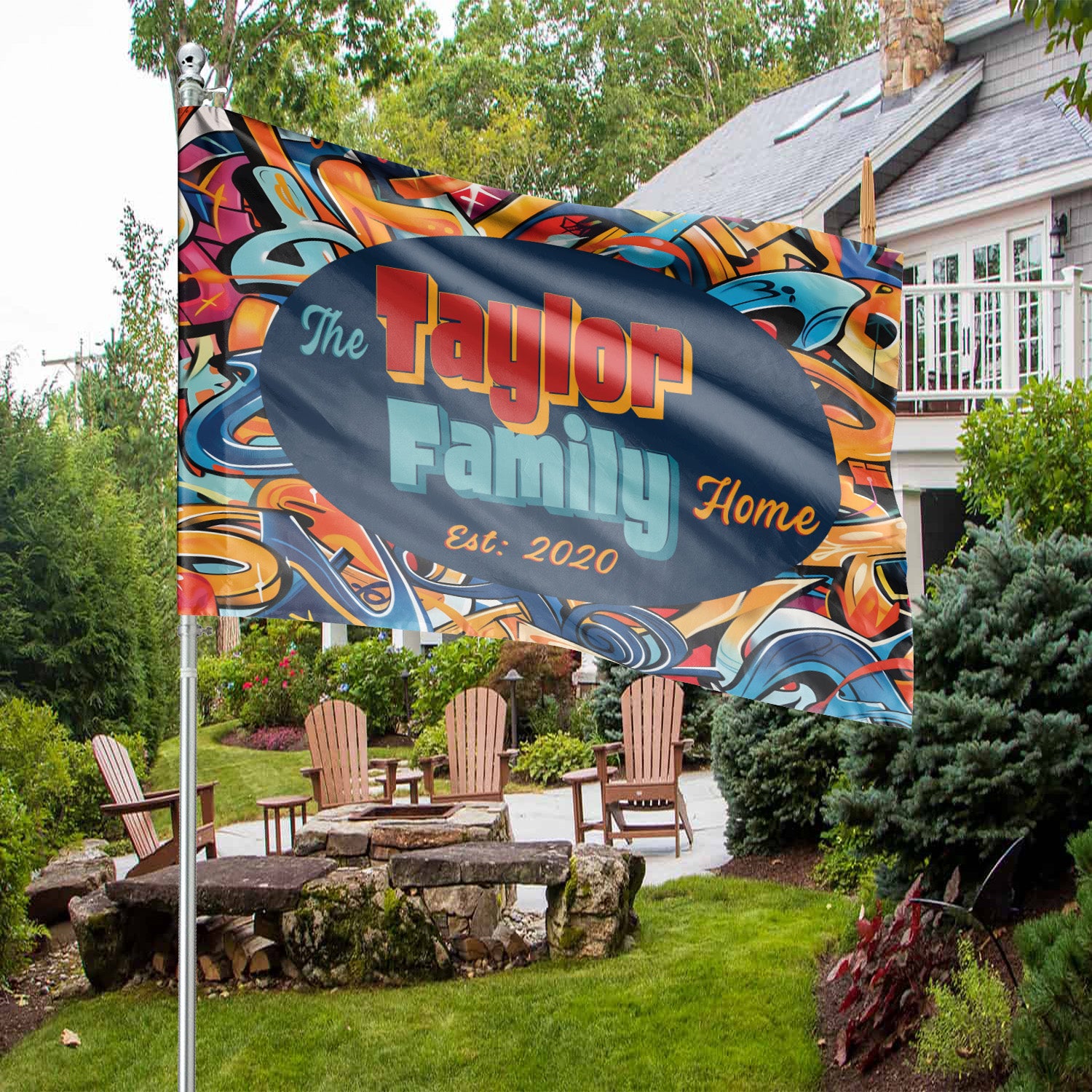 Custom GARDEN FLAGS | Welcome House Flag | Personalized Name | Double-Sided, UV Resistant Polyester | Abstract Graffiti