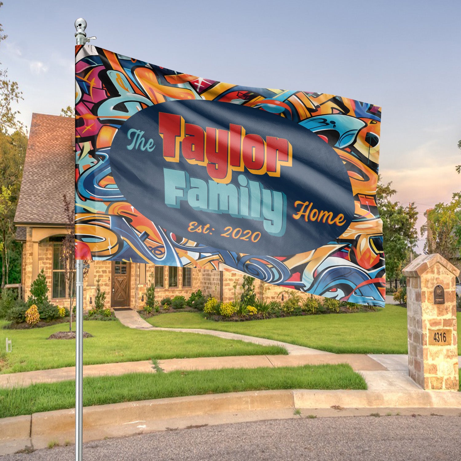 Custom GARDEN FLAGS | Welcome House Flag | Personalized Name | Double-Sided, UV Resistant Polyester | Abstract Graffiti