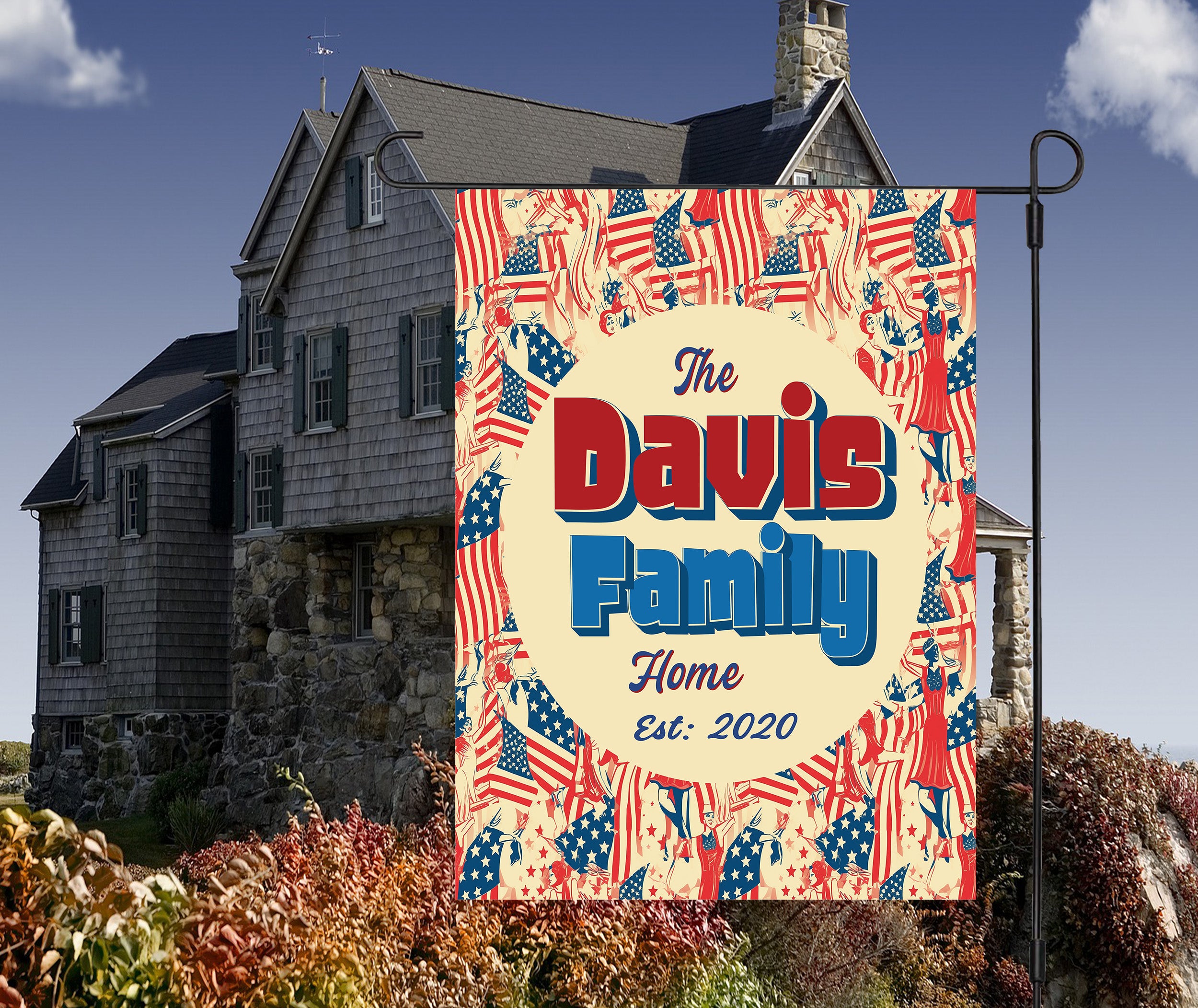 Custom HOUSE FLAGS | Welcome Garden Flag | Personalized Name | Double-Sided, UV Resistant Polyester | Vintage US Flag