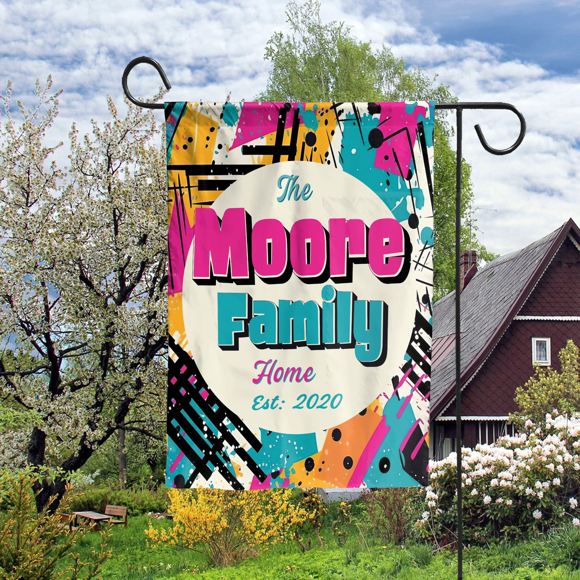 Custom GARDEN FLAGS | Welcome House Flag | Personalized Name | Double-Sided, UV Resistant Polyester | Abstract Splatter