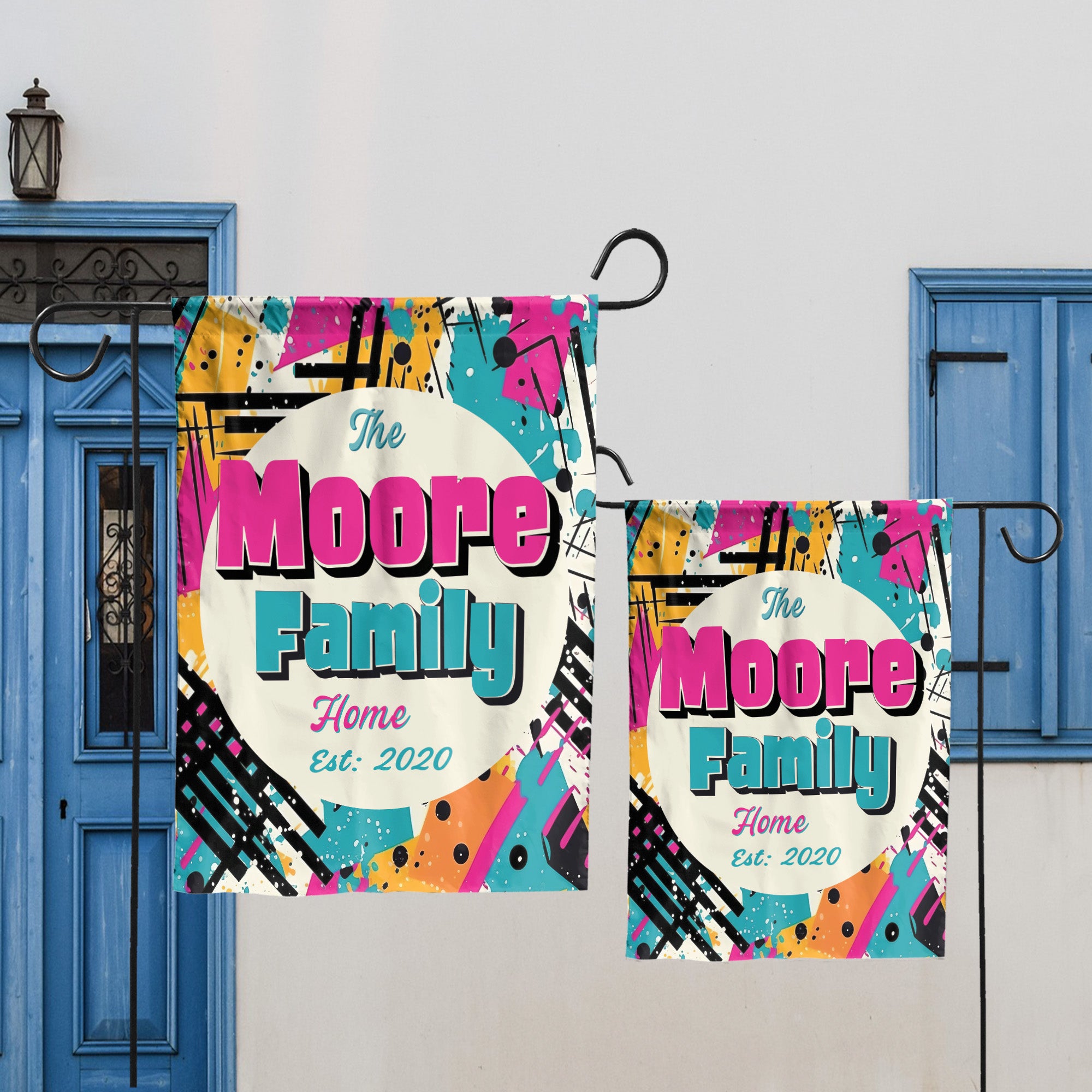 Custom GARDEN FLAGS | Welcome House Flag | Personalized Name | Double-Sided, UV Resistant Polyester | Abstract Splatter