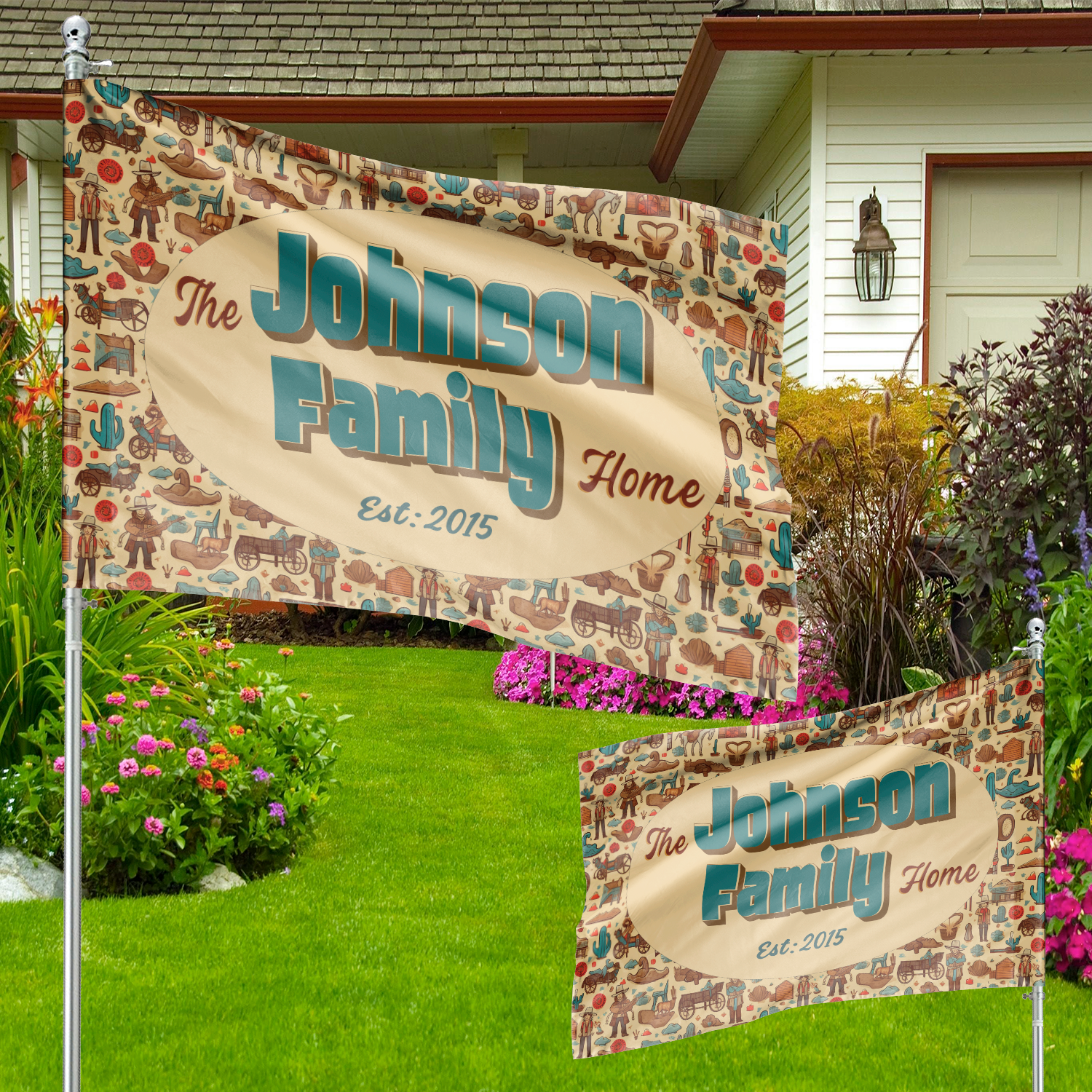 Custom GARDEN FLAGS | Welcome House Flag | Personalized Name | Double-Sided, UV Resistant Polyester | Wild West Village