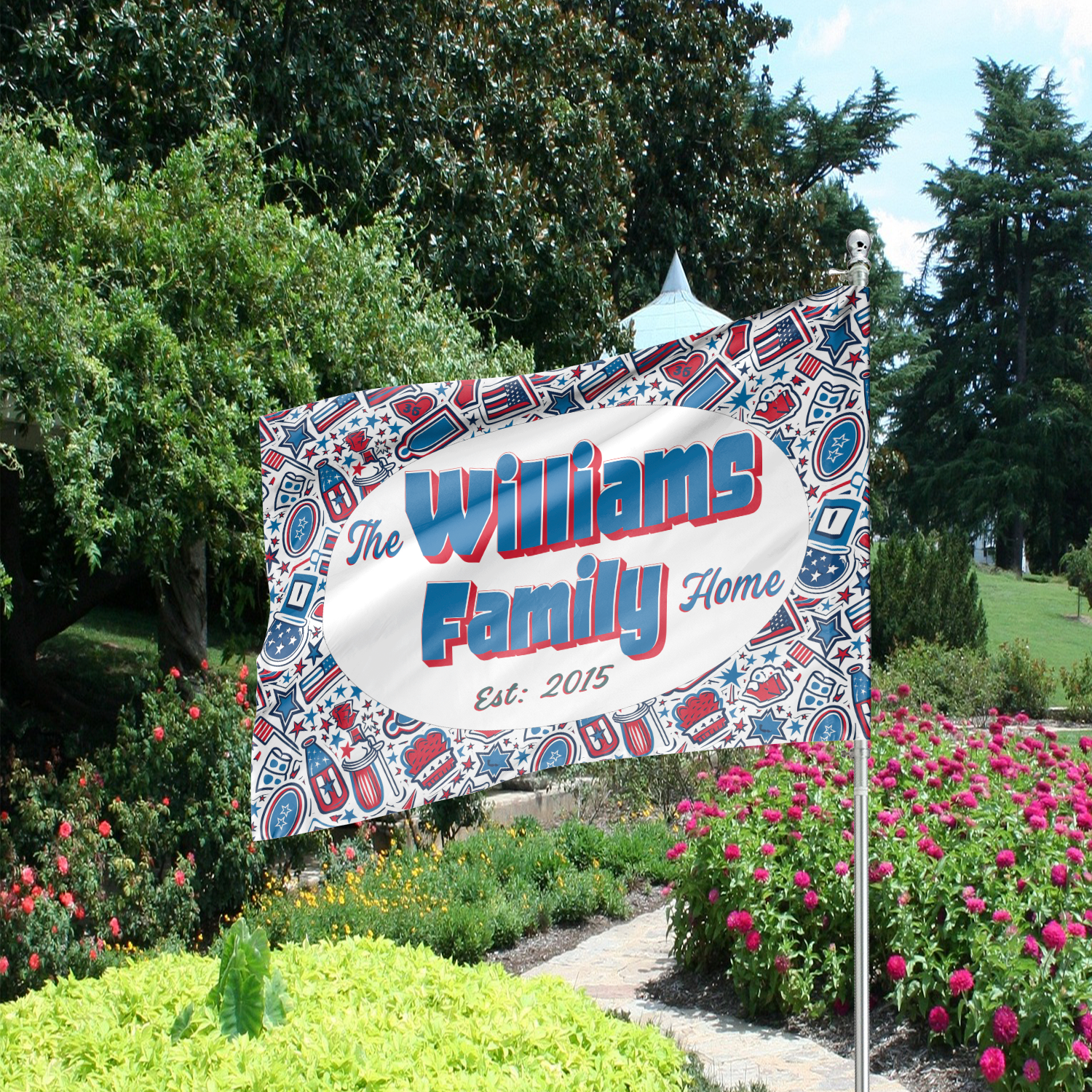 Custom GARDEN FLAGS | Welcome House Flag | Personalized Name | Double-Sided, UV Resistant Polyester | Patriotic Red and Blue