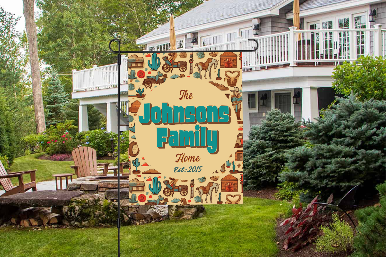 Custom GARDEN FLAGS | Welcome House Flag | Personalized Name | Double-Sided, UV Resistant Polyester | Wild West Village