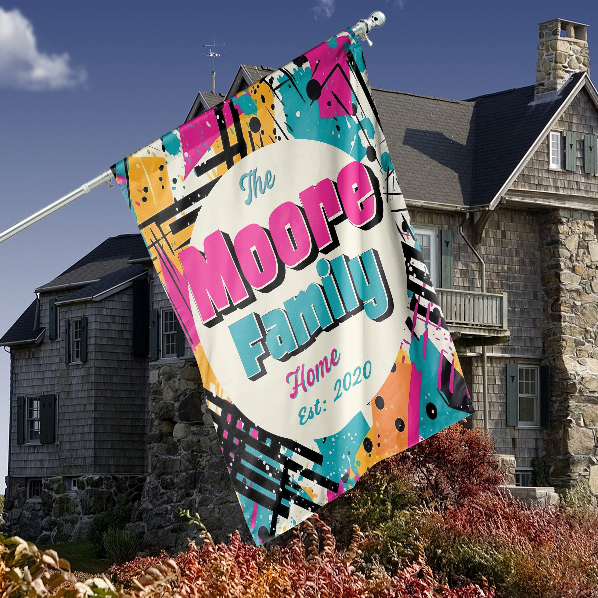 Custom GARDEN FLAGS | Welcome House Flag | Personalized Name | Double-Sided, UV Resistant Polyester | Abstract Splatter