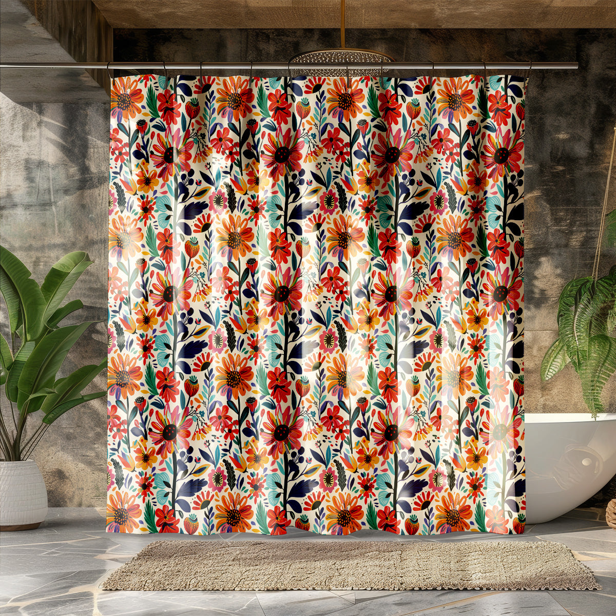 Frida Kahlo’s Vibrant Flowers Shower Curtain | Lightweight 100% Polyester, Water and Mildew Resistant, Multiple sizes with Hooks