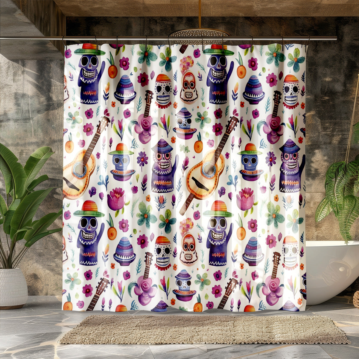 Day of the Dead Watercolor Shower Curtain | Lightweight 100% Polyester, Water and Mildew Resistant, Multiple sizes with Hooks