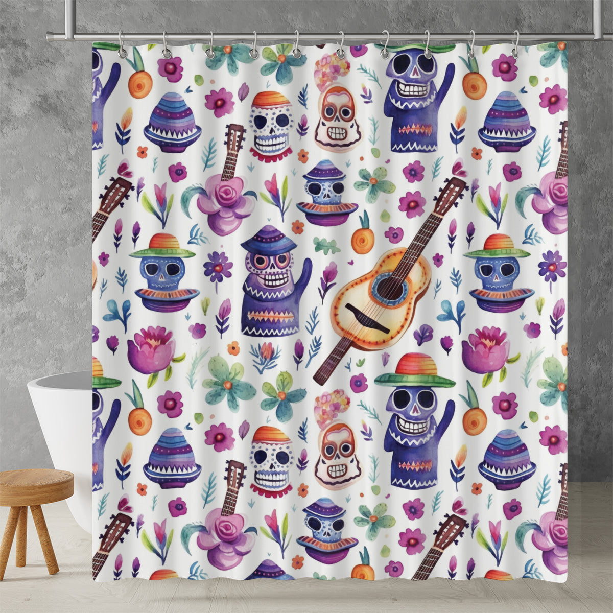 Day of the Dead Watercolor Shower Curtain | Lightweight 100% Polyester, Water and Mildew Resistant, Multiple sizes with Hooks