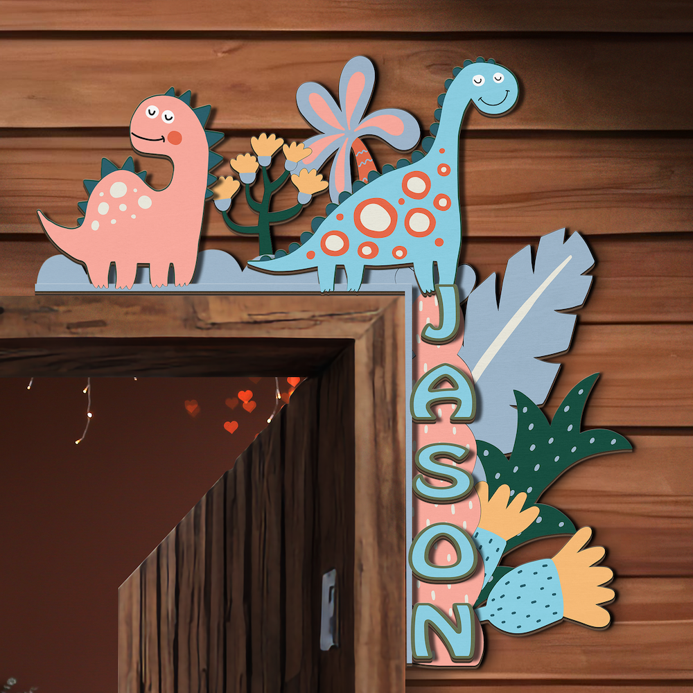 PERSONALIZED Wooden Door Corner | CUSTOM Name Sign | Single/Double Layer | 10” & 15” Sizes | Kids Room Decor | Dinosaur Love