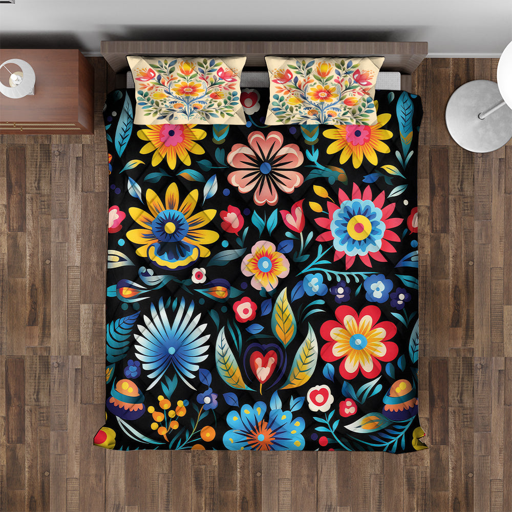 Quilted Bedding Set | Bright Floral Colorful Comforters | Vibrant Mexican Bedspreads with matching Pillowcase