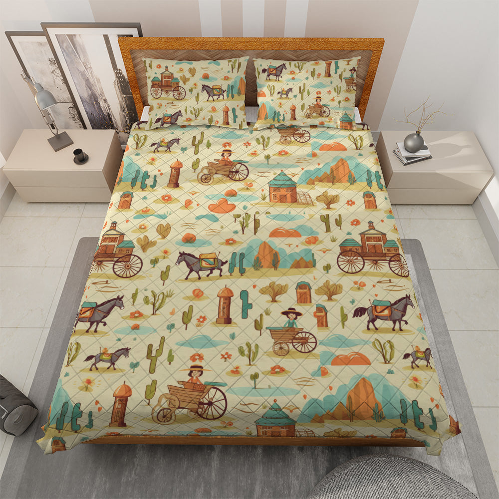 Quilted Bedding Set | Bright Colorful Vibrant Bedspreads | Mexican Rodeo Village Comforters with matching Pillowcase