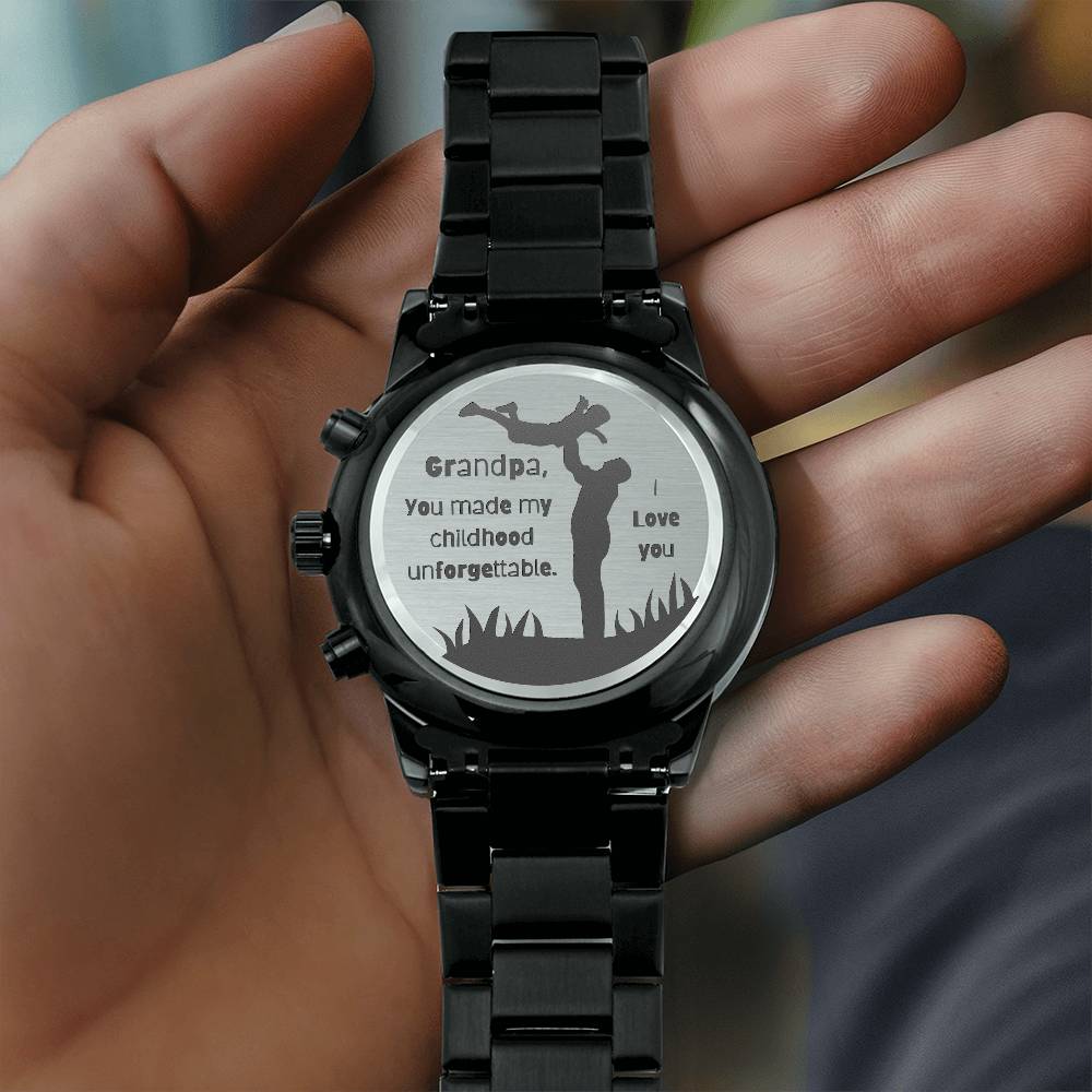 Engraved Black Chronograph Watch - Personalized Gift for Grandpa | Durable, Stylish, and Functional - Unforgettable Childhood