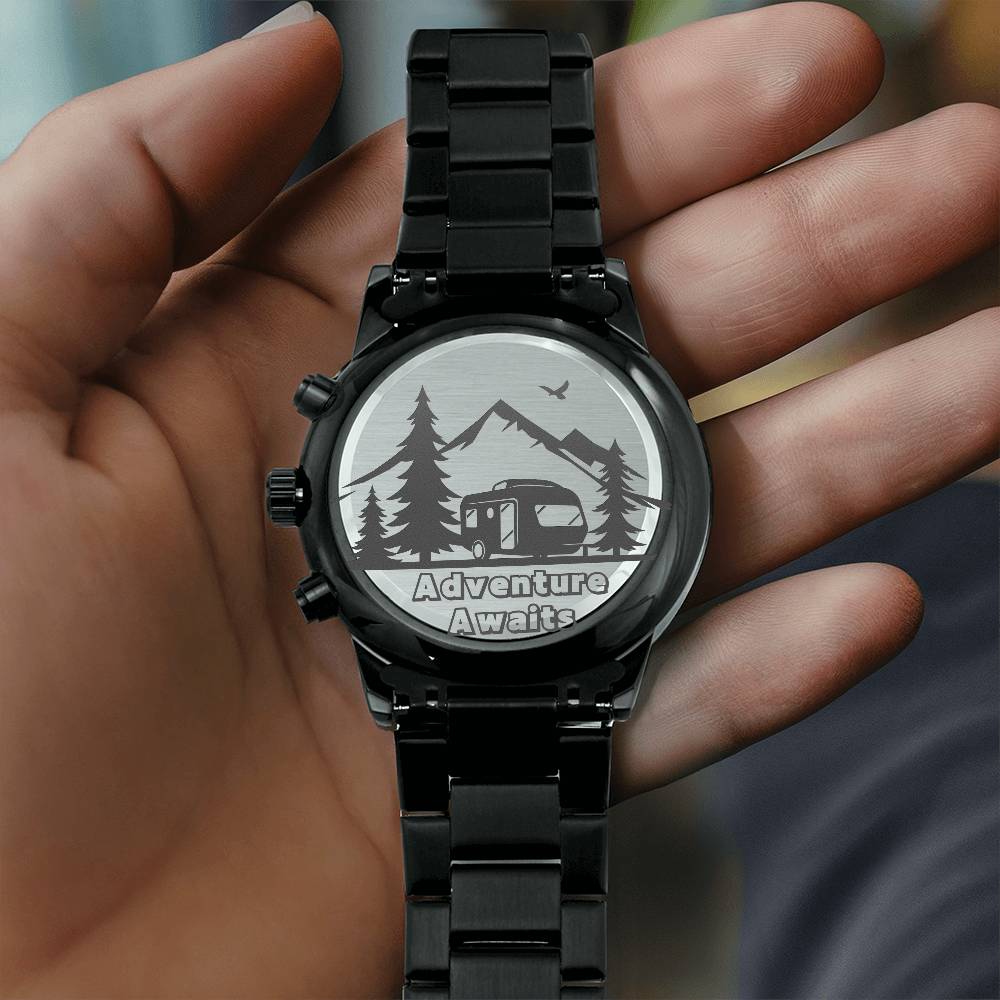 Engraved Black Chronograph Watch - Thoughtful Gift for Grandpa who has everything | Durable, Stylish, and Functional - Camping Memories