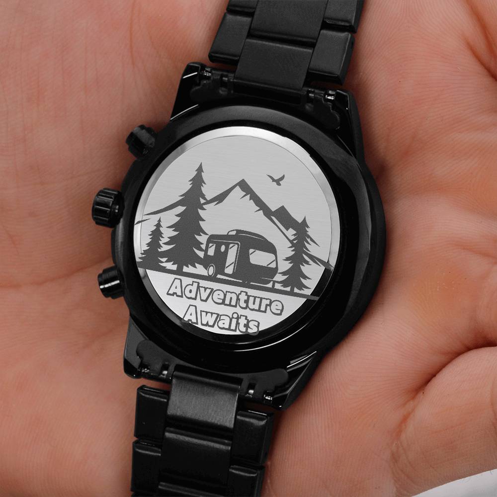 Engraved Black Chronograph Watch - Thoughtful Gift for Grandpa who has everything | Durable, Stylish, and Functional - Camping Memories