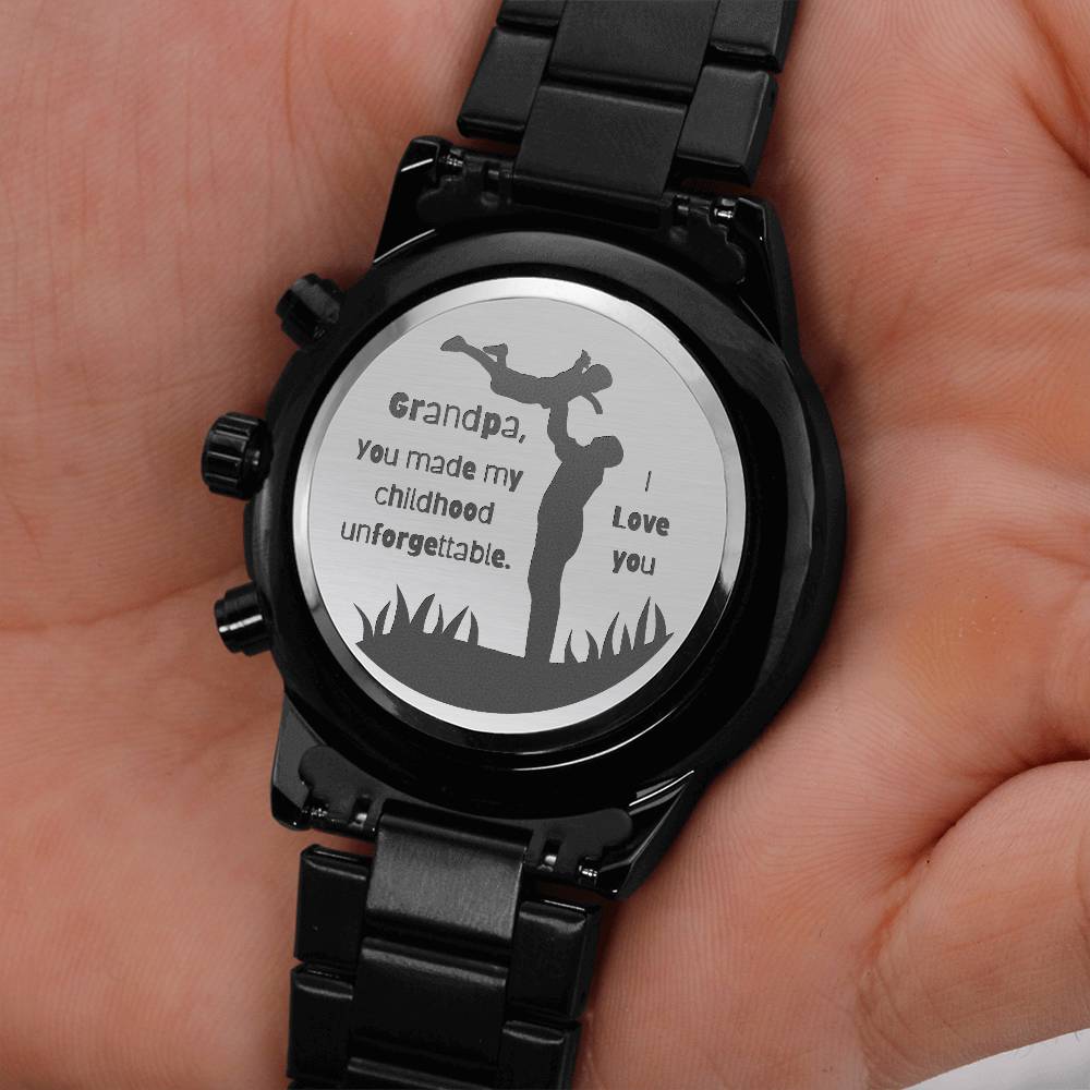 Engraved Black Chronograph Watch - Personalized Gift for Grandpa | Durable, Stylish, and Functional - Unforgettable Childhood