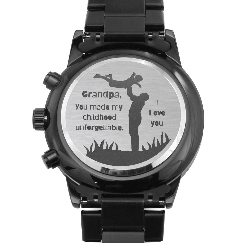 Engraved Black Chronograph Watch - Personalized Gift for Grandpa | Durable, Stylish, and Functional - Unforgettable Childhood
