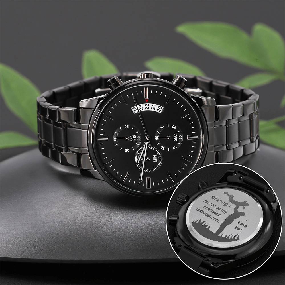 Engraved Black Chronograph Watch - Personalized Gift for Grandpa | Durable, Stylish, and Functional - Unforgettable Childhood