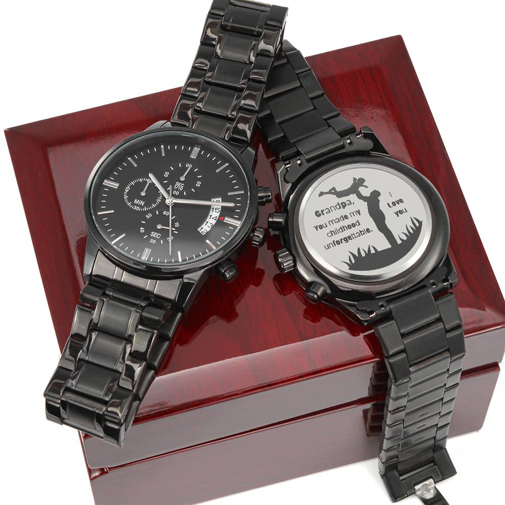 Engraved Black Chronograph Watch - Personalized Gift for Grandpa | Durable, Stylish, and Functional - Unforgettable Childhood