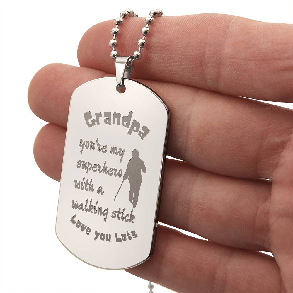 Engraved Dog Tag Necklace with Ball Chain | Personalized Unique Sentimental Gift for Grandfather who has everything | Superhero with Walking Stick
