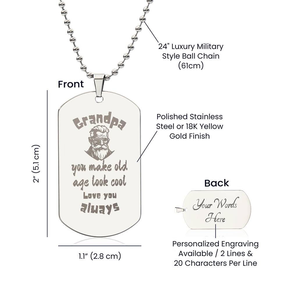 Engraved Dog Tag Necklace with Ball Chain | Personalized Unique Sentimental Gift for Grandfather who has everything  | Cool Grandpa