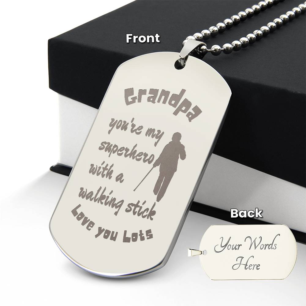Engraved Dog Tag Necklace with Ball Chain | Personalized Unique Sentimental Gift for Grandfather who has everything | Superhero with Walking Stick