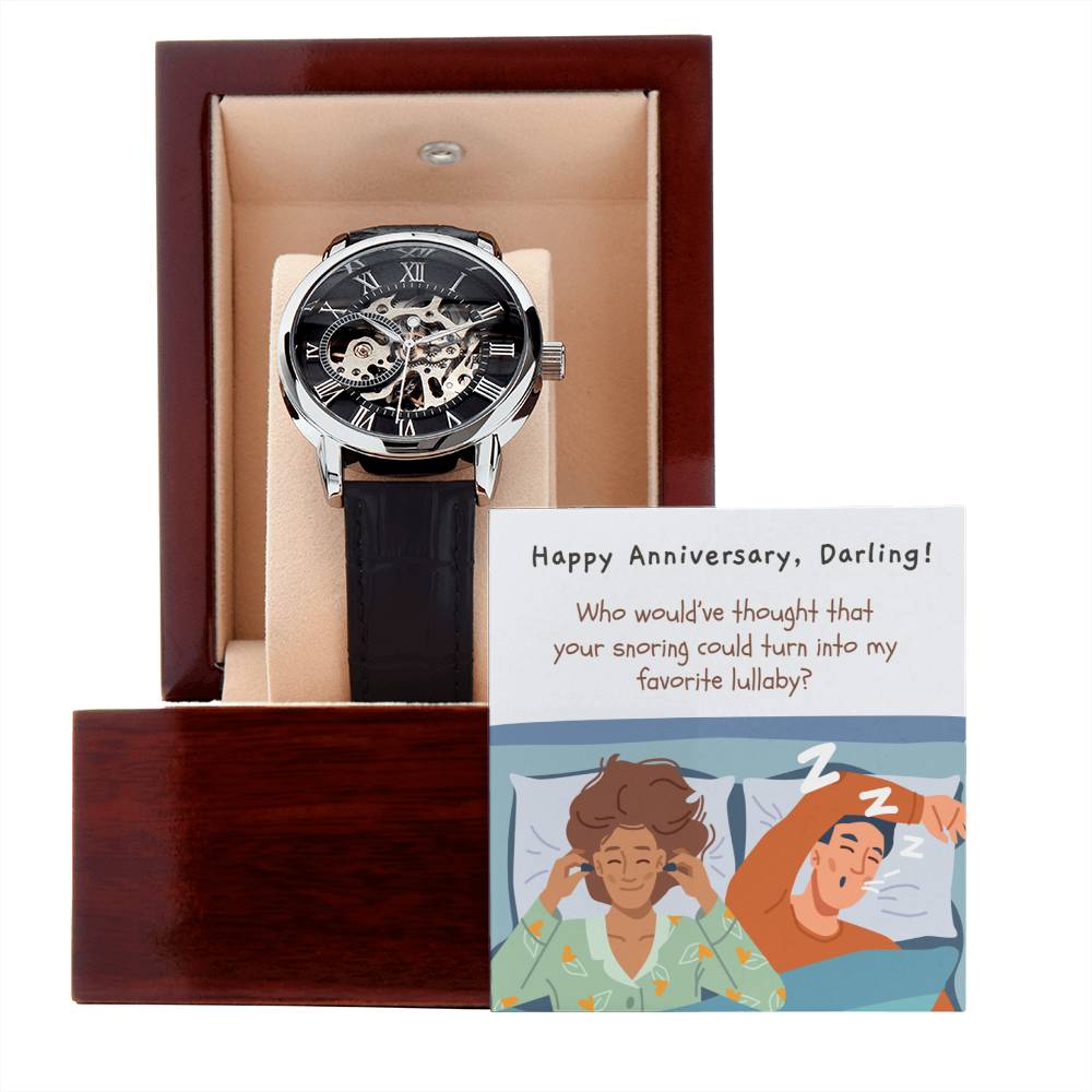 Skeleton Watch for Hubby | Openwork Timepiece with Funny Message Card | Perfect Anniversary or Birthday Gift | Favorite Lullaby
