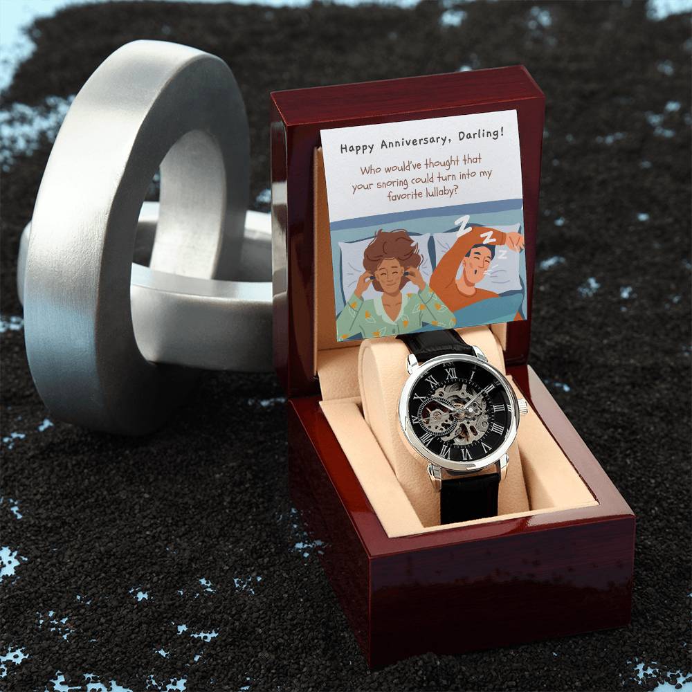 Skeleton Watch for Hubby | Openwork Timepiece with Funny Message Card | Perfect Anniversary or Birthday Gift | Favorite Lullaby
