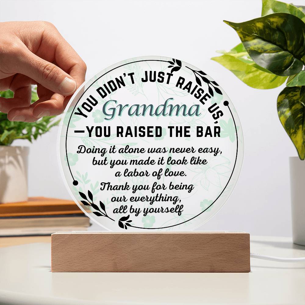 Single Grandma gift on Grandparent day for Nana | Thoughtful Cute present for Grammy who has everything | LED Acrylic Plaque | Raised the Bar