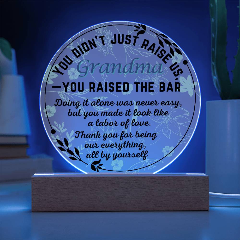 Single Grandma gift on Grandparent day for Nana | Thoughtful Cute present for Grammy who has everything | LED Acrylic Plaque | Raised the Bar