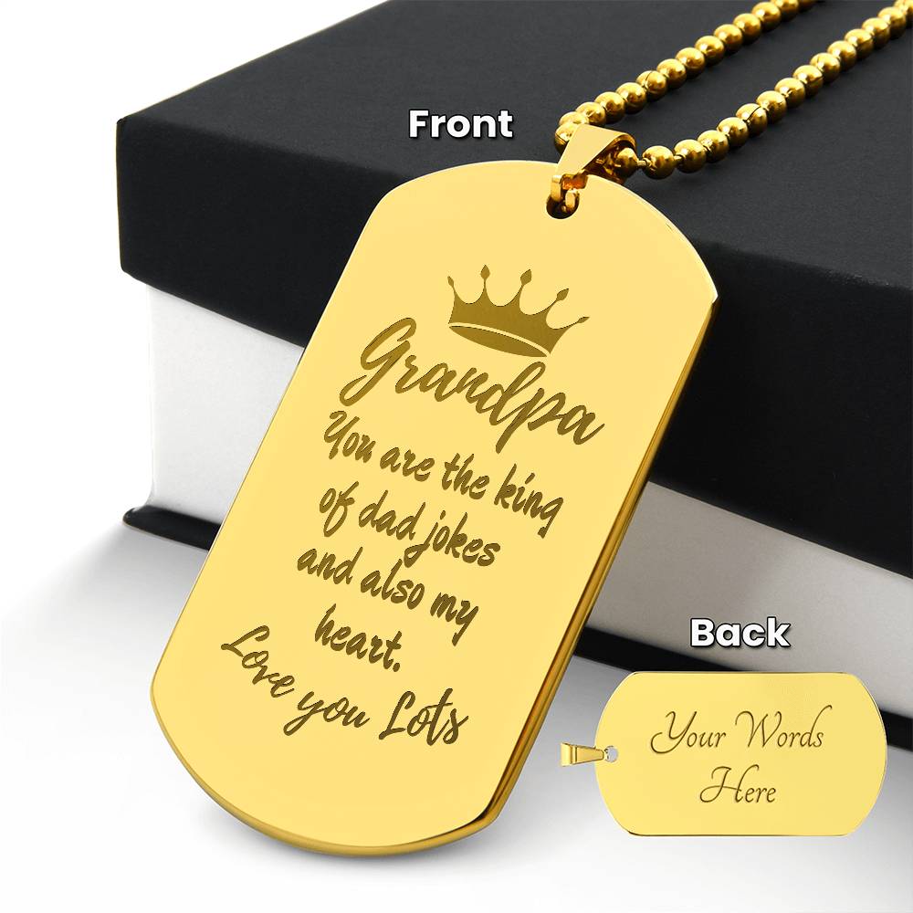 Engraved Dog Tag Necklace with Ball Chain | Personalized Unique Sentimental Gift for Grandfather who has everything | King of Dad Jokes
