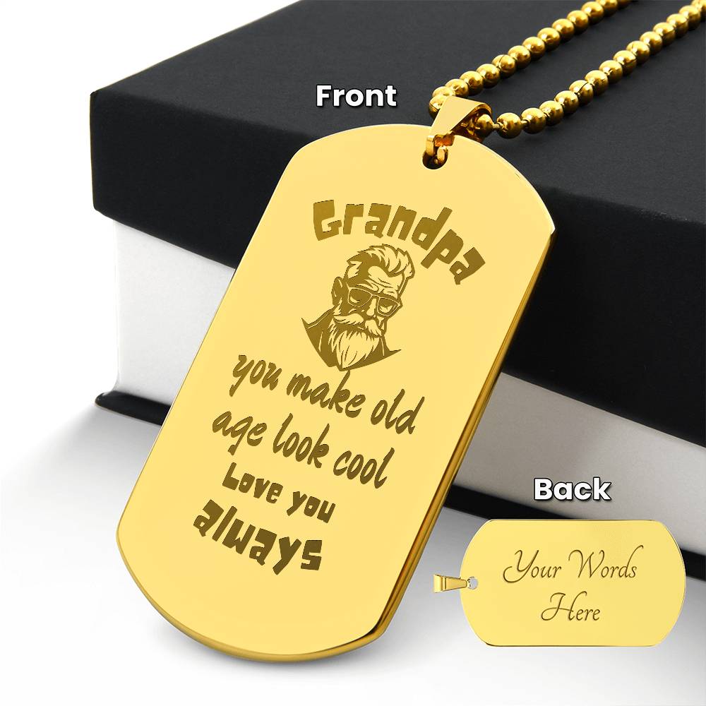 Engraved Dog Tag Necklace with Ball Chain | Personalized Unique Sentimental Gift for Grandfather who has everything  | Cool Grandpa