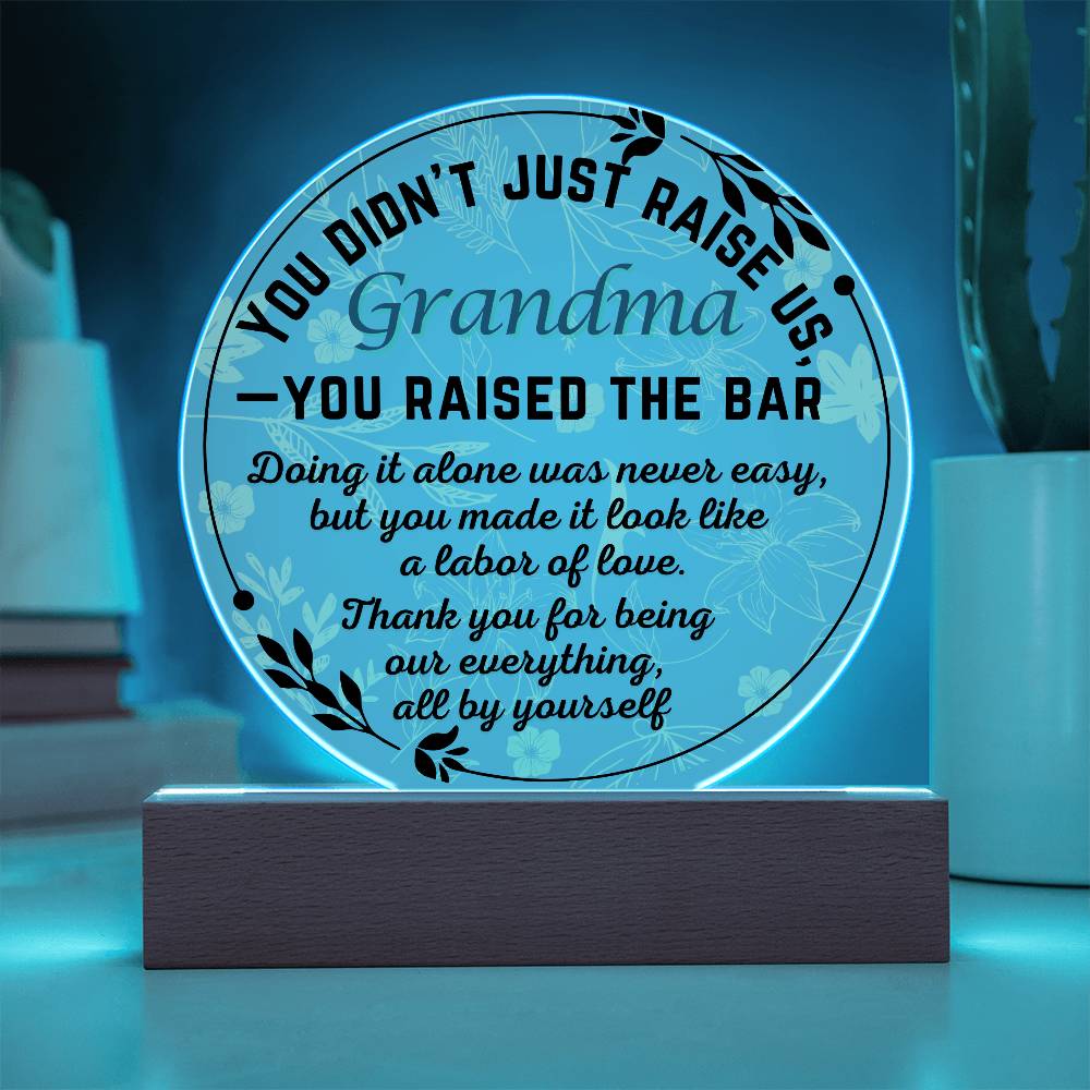 Single Grandma gift on Grandparent day for Nana | Thoughtful Cute present for Grammy who has everything | LED Acrylic Plaque | Raised the Bar