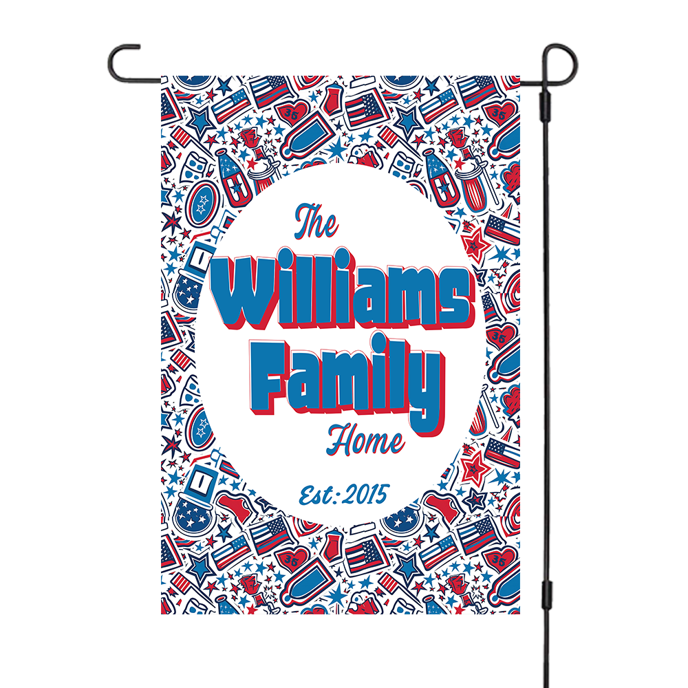 Custom GARDEN FLAGS | Welcome House Flag | Personalized Name | Double-Sided, UV Resistant Polyester | Patriotic Red and Blue