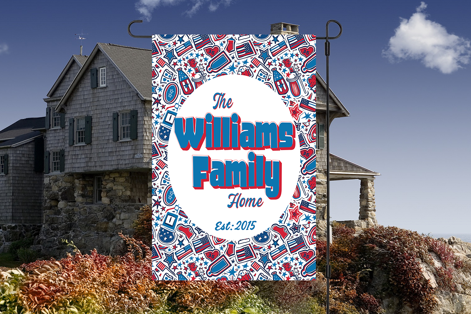 Custom GARDEN FLAGS | Welcome House Flag | Personalized Name | Double-Sided, UV Resistant Polyester | Patriotic Red and Blue