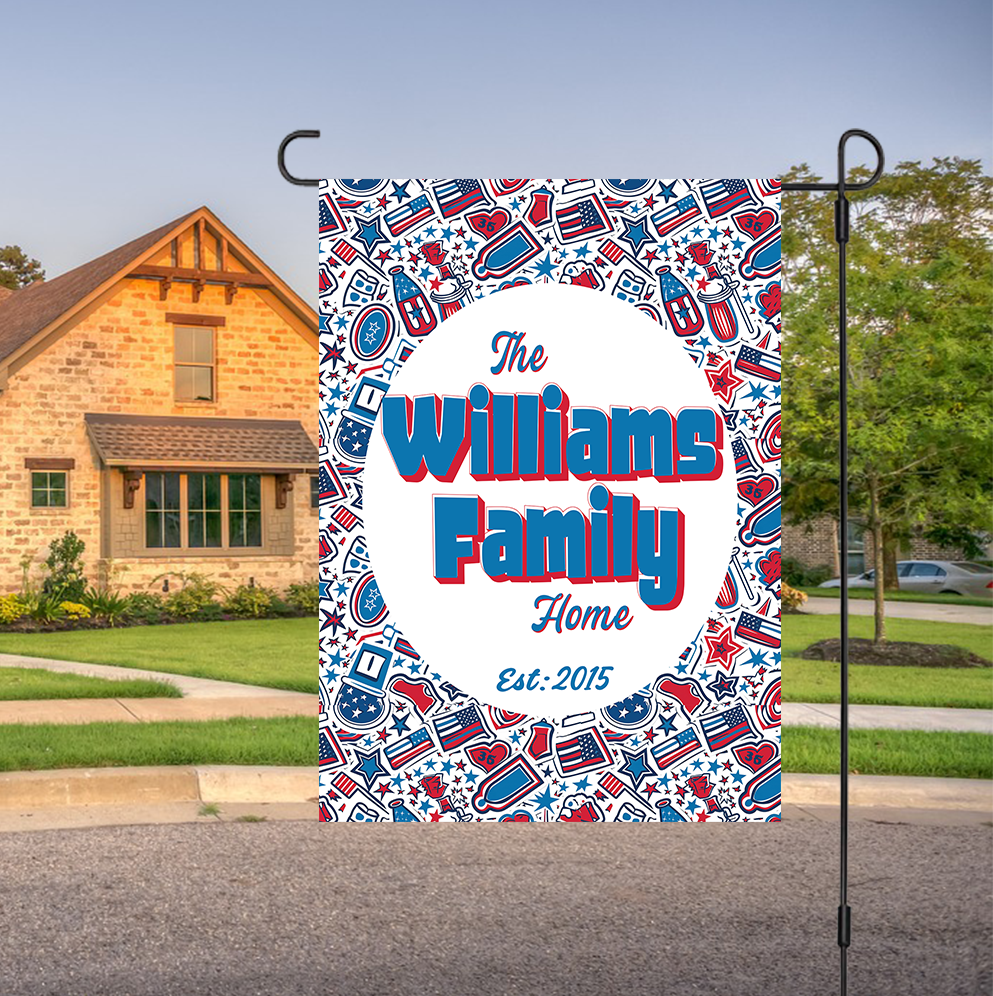 Custom GARDEN FLAGS | Welcome House Flag | Personalized Name | Double-Sided, UV Resistant Polyester | Patriotic Red and Blue