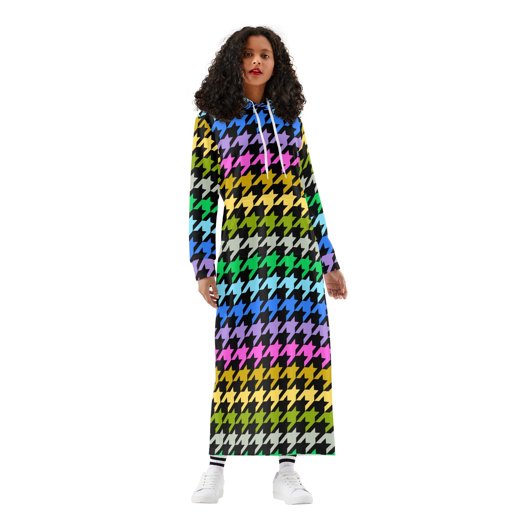 Winter Loungewear-Maxi Dress-Hooded Sweatshirt with Pockets-Plus-Petite  Size-Houndstooth Multicolor Gradient dress – ElysiaBliss
