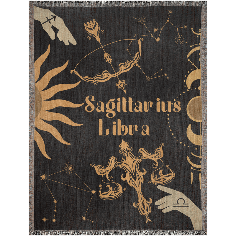 Libra and Sagittarius Zodiac Compatibility Woven Throw Tapestry - Elevate home decor with this boho-inspired, celestial charm blanket. Perfect for astrology enthusiasts, featuring Libra and Sagittarius sun signs, adding unique, artistic flair to your living space. Premium cotton, cozy, and decorative.