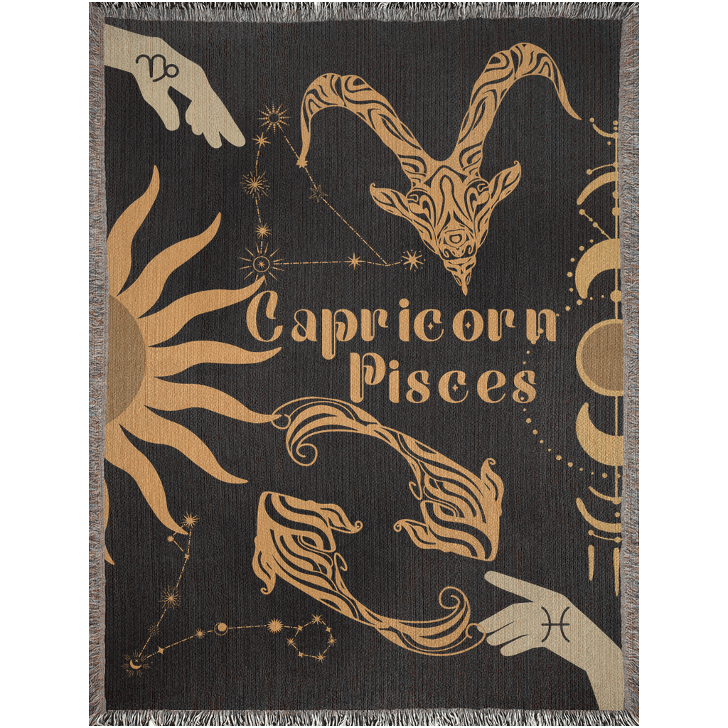 Capricorn and Pisces Zodiac Compatibility Woven Throw Tapestry - Elevate home decor with this boho-inspired, celestial charm blanket. Perfect for astrology enthusiasts, featuring Capricorn and Pisces sun signs, adding unique, artistic flair to your living space. Premium cotton, cozy, and decorative.