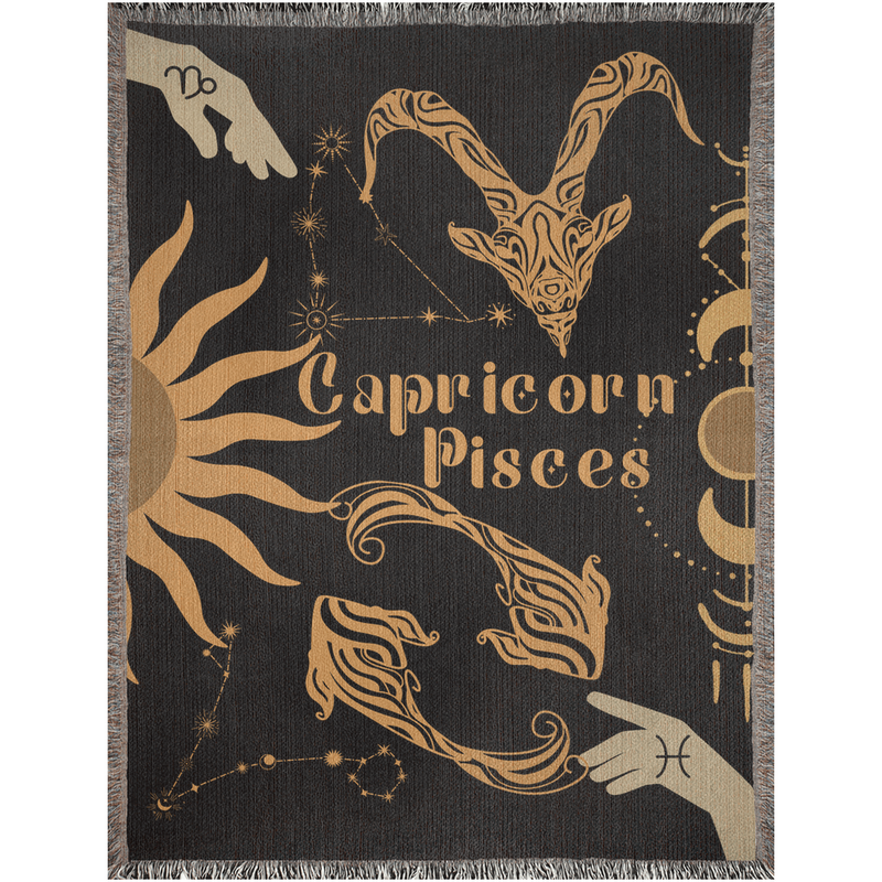 Capricorn and Pisces Zodiac Compatibility Woven Throw Tapestry - Elevate home decor with this boho-inspired, celestial charm blanket. Perfect for astrology enthusiasts, featuring Capricorn and Pisces sun signs, adding unique, artistic flair to your living space. Premium cotton, cozy, and decorative.