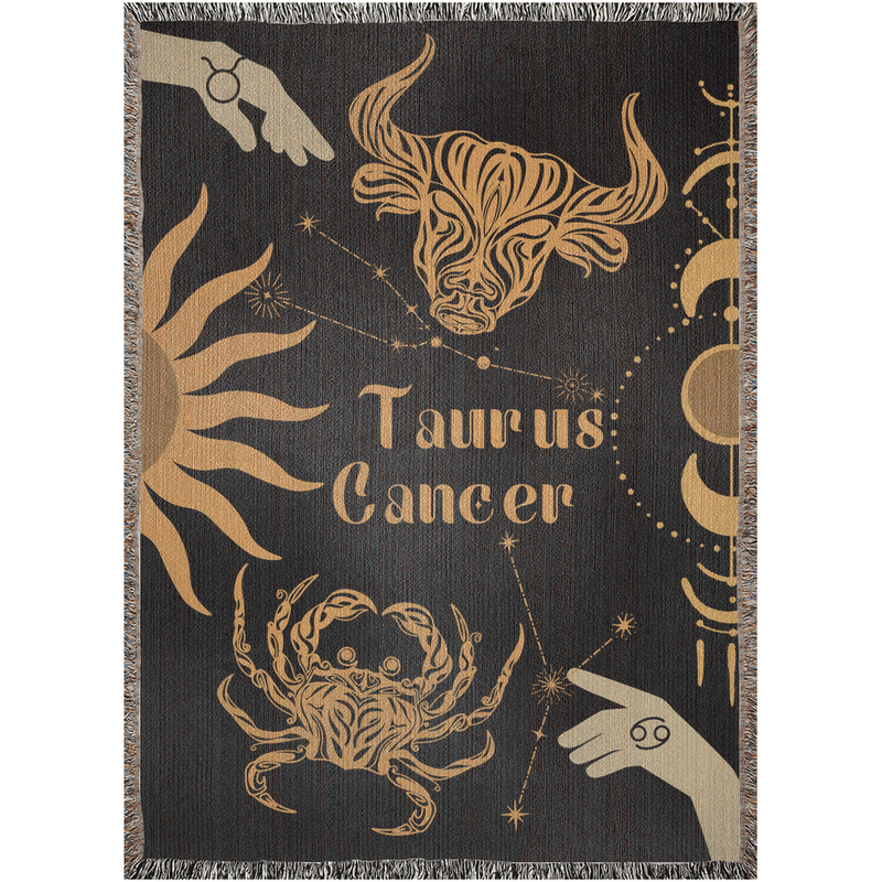 Cancer and Taurus Zodiac Compatibility Woven Throw Tapestry - Elevate home decor with this boho-inspired, celestial charm blanket. Perfect for astrology enthusiasts, featuring Cancer and Taurus sun signs, adding unique, artistic flair to your living space. Premium cotton, cozy, and decorative.