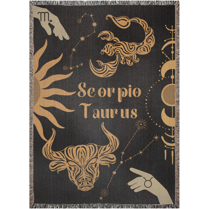 Taurus and Scorpio Zodiac Compatibility Woven Throw Tapestry - Elevate home decor with this boho-inspired, celestial charm blanket. Perfect for astrology enthusiasts, featuring Taurus and Scorpio sun signs, adding unique, artistic flair to your living space. Premium cotton, cozy, and decorative.