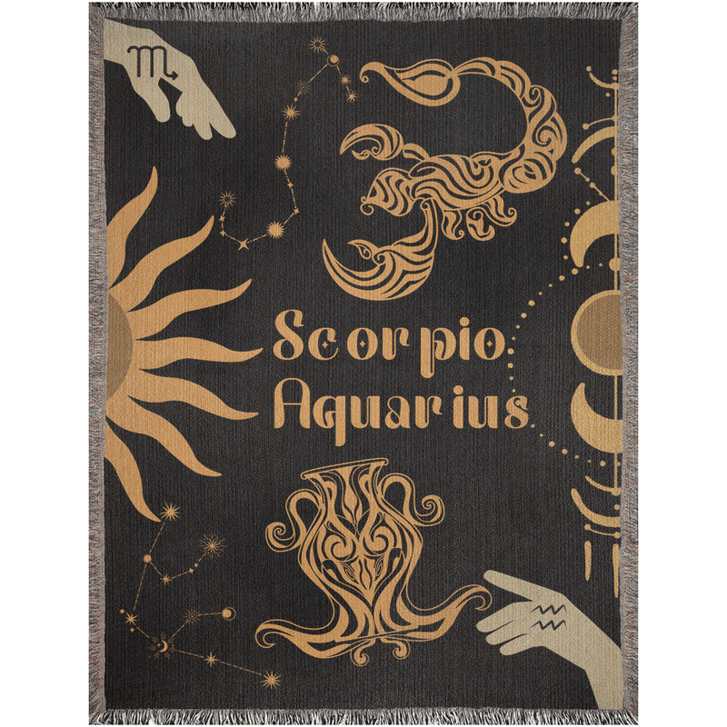 Zodiac Compatibility Match Woven Tapestry Throw Blanket | Astrology-inspired Home Decor | Scorpio & Aquarius Horoscope